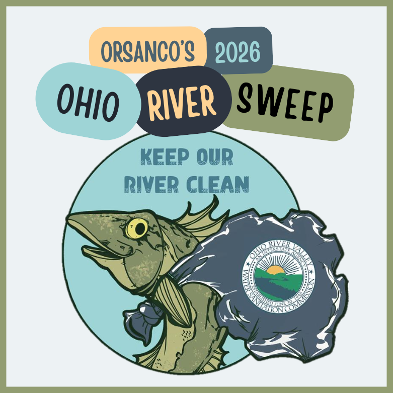 Orsanco's 2026 Ohio River Sweep logo, featuring a fish holding a trash bag with the ORSANCO logo on it